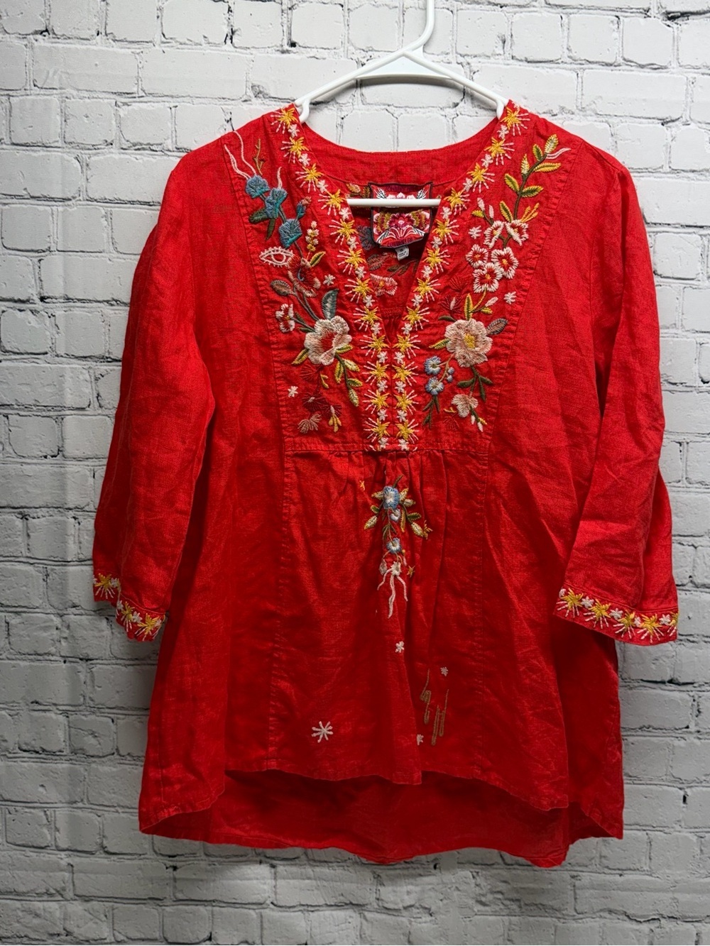Johnny Was Lissa weekend a Red Embroidered Floral Tunic Sz Sx